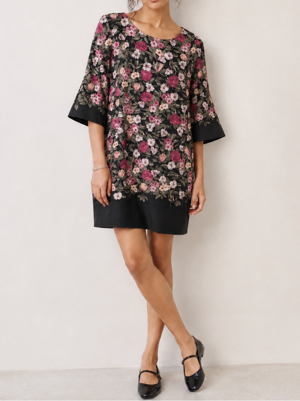 Karl Lagerfeld Black Floral Shift Dress 12 Dark Romantic Workwear